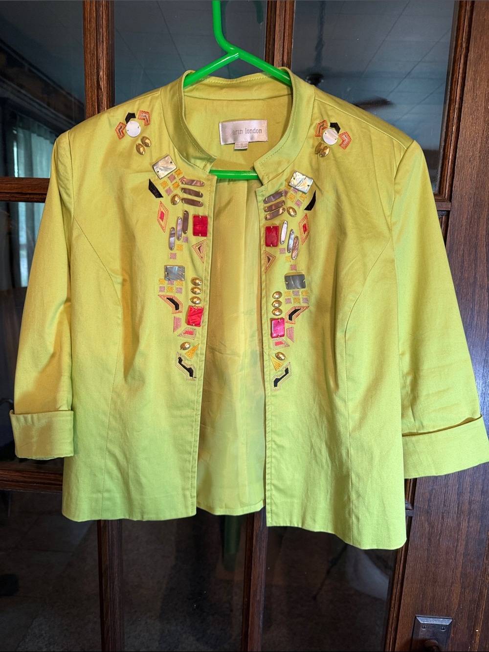 Erin London Chartreuse Green Beaded Embroidered Open Front Blazer Jacket Women S